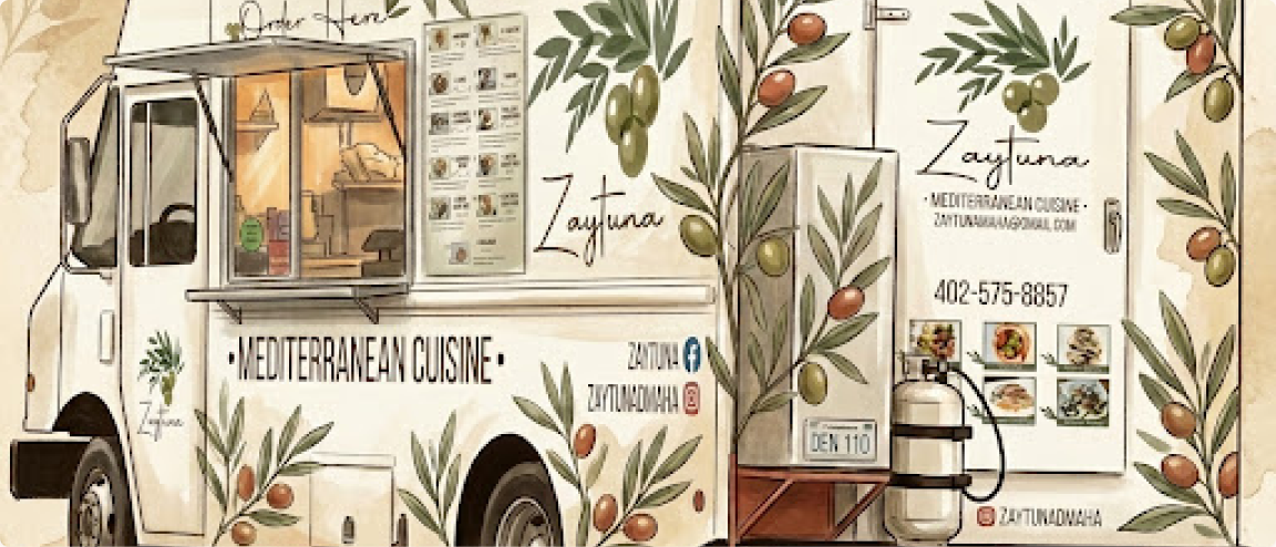 The Zaytuna food truck, hand-painted with olive branches and the Zaytuna logo